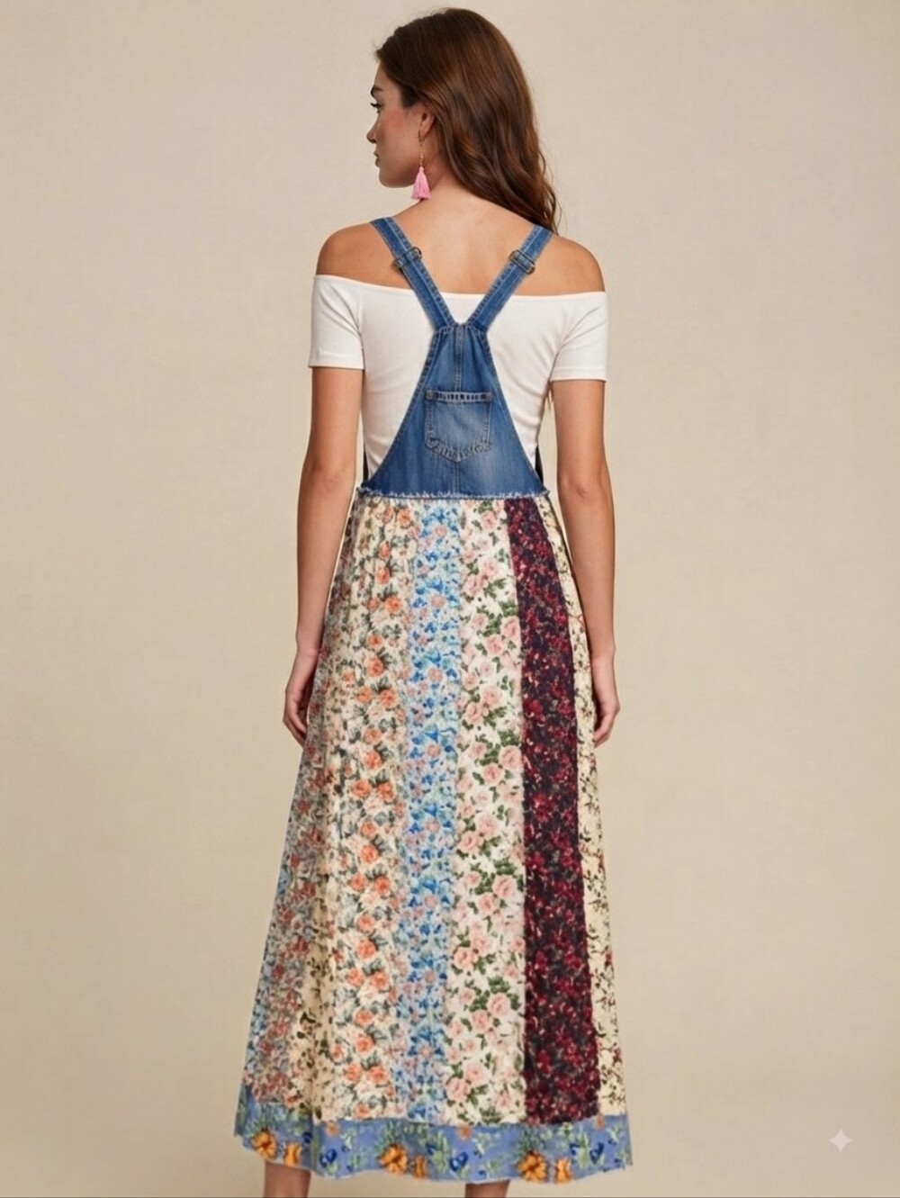 Patchwork Floral Maxi Skirt with Denim Bib - Multicolor - Picture 3 of 12